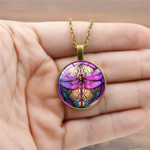 Vintage bronze dragonfly pendant necklace with colorful mandala pattern for women