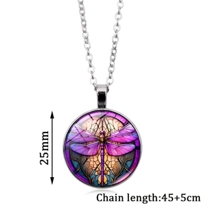 Detail of 25mm round dragonfly pendant necklace with colorful stained glass pattern
