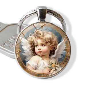 Vintage Little Angel Holding Flower Metal Keychain Round Glass Cabochon Time Gemstone Pendant Key Ring Creative Gift