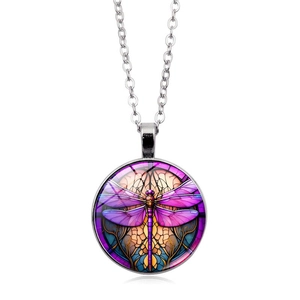 Vintage dragonfly pendant necklace with colorful stained glass pattern on silver chain
