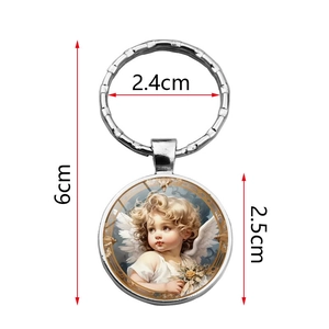 Vintage little angel holding flowers glass pendant keychain with dimensions 6x2.5 cm