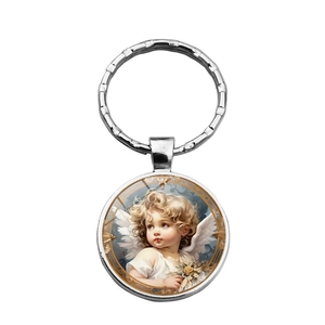Silver alloy angel keychain with glass dome pendant featuring a classical flower design