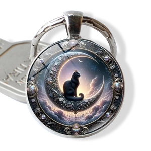 Vintage Zinc Alloy Black Cat Moon Keychain Glass Cabochon Artificial Pearl Starry Sky Bag Pendant Key Ring Gift For Women