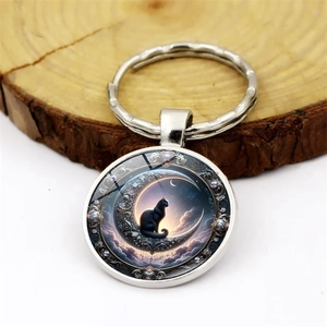 Creative black cat on moon keychain with silver metal ring and vintage relief pendant