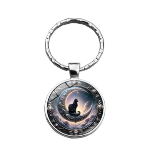 Creative black cat and crescent moon keychain pendant with silver metal ring and glass dome