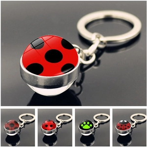 Cartoon Ladybug Pattern Paw Print Glass Dome Keychain Zinc Alloy Metal Key Ring Bag Charm Jewelry For Teens Daily Decoration