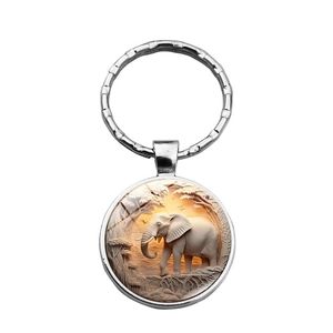 Elegant elephant metal keychain with 3D sunset forest glass pendant for creative gifts