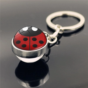 Detailed view of ladybug pattern keychain with round glass dome and silver metal ring