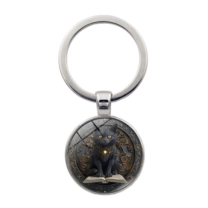Fantasy Black Cat Magic Book Time Gem Keychain Metal Zinc Alloy Glass Cabochon Retro Pendant Key Ring For Backpack Decoration Gift