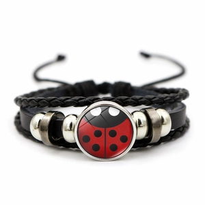 Retro punk multilayer braided leather bracelet with a red ladybug glass charm design