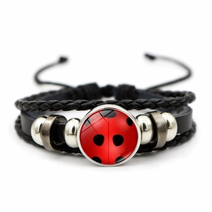 Handmade Multi-Layer Woven Leather Bracelet Red Polka Dot Ladybug Glass Charm Punk Vintage Jewelry For Women Men