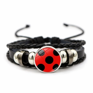 Punk multilayer woven leather bracelet with red ladybug pattern glass dome