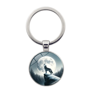 Wolf Howling At The Moon Time Gem Keychain Zinc Alloy Glass Metal Key Ring For Car Bag Pendant Decorative Jewelry Gift
