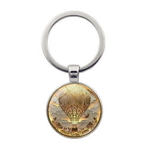 Porte-clés Rétro Montgolfière en Alliage de Zinc Anneau en Métal Pendentif en Verre Rond pour Sac Voiture Décoration Cadeau Créatif