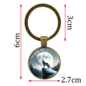 Wolf howling at moon glass gem keychain in antique bronze finish with 6cm total length