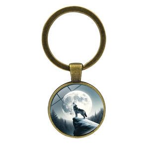 Vintage bronze wolf howling at the moon glass dome keychain with rustic metal ring