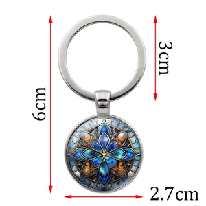 Porte-clés mandala avec dôme en verre et anneau en métal, longueur 6cm avec dimensions