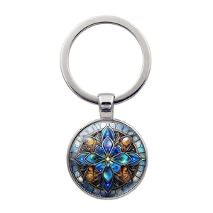 Porte-clés Mandala en Métal avec Gemme de Verre Alliage de Zinc Bronze Antique Argent Anneau de Clé Pendentif de Sac Bijou Cadeau