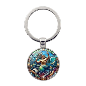 Porte-clés Métal Trident Dieu Grec Poséidon Pendentif en Verre Mythologie Vintage Porte-clés Ornement Cadeau Créatif pour Hommes Femmes
