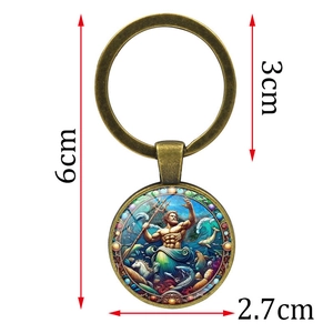 Porte-clés cabochon verre Poséidon bronze vintage avec graphique trident, 6 cm de longueur