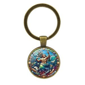 Porte-clés Poséidon en bronze avec dieu de la mythologie grecque, trident et mer animée