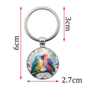 Porte-clés oiseaux inséparables en verre et métal argenté 6cm pour accessoires de couple
