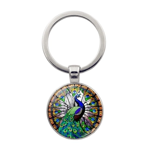 Vintage Zinc Alloy Peacock Pattern Keychain Round Glass Cabochon Pendant Creative Metal Keyring For Bags Car Keys Creative Gift
