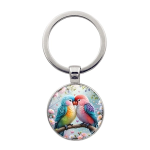 Porte-clés en Métal Perroquet Inséparables Gemme du Temps Cadeau Romantique de Couple Pendentif en Alliage et Verre Argent Bronze