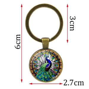 Peacock pattern bronze metal keychain with glass cabochon pendant 2.7cm size details