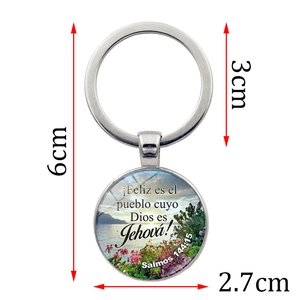 Floral landscape glass pendant keychain with Spanish Psalm 144:15 scripture metal ring