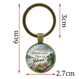 Vintage bronze flower keychain with Spanish bible verse pendant and 6cm size dimensions