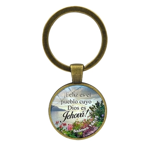 Bronze floral keychain with Spanish Bible verse Salmos 144:15 on glass cabochon