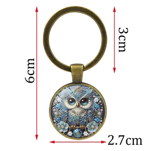 Portachiavi vintage con ciondolo a gufo in vetro e bronzo, lungo 6cm con diametro ciondolo 2,7cm