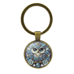 Portachiavi vintage a forma di gufo in bronzo con gemma blu in vetro e motivi floreali