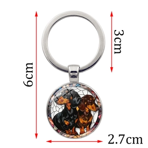 Fashionable dachshund dog keychain with silver metal ring and circular charm pendant