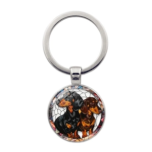 Artistic Round Zinc Alloy Keychain With Dachshund Dog Art Glass Cabochon Pendant Vintage Polished Metal Key Ring For Women