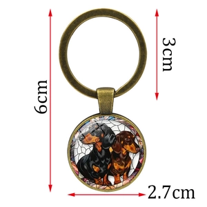 Stained glass style dachshund dog keychain pendant with bronze metal ring and dimensions