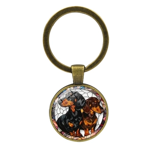 Vintage bronze dachshund dog illustration keychain with glass cabochon pendant