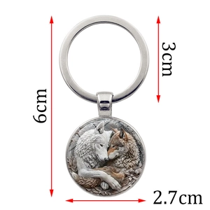 Wolf couple glass gem keychain in circular metal pendant with detailed dimensions