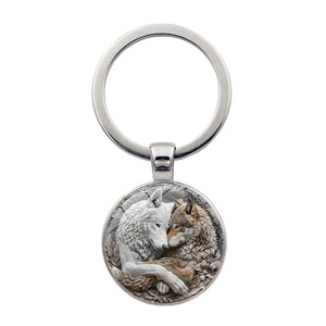 Couple Wolf Time Gemstone Glass Pendant Keychain Retro Zinc Alloy Metal Key Ring Lovers Gift Christmas Valentine Decor