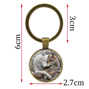 Wolf couple glass dome bronze keychain pendant for Christmas and Valentine's Day gifts