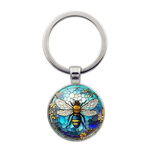 Bee Stained Glass Style Keychain Vintage Zinc Alloy Glass Pendant Honeycomb Pattern Bag Charm Keyring Decoration Gift