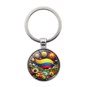 Colombia Flag Landmark Keychain Metal Keyring Vintage Glass Cabochon Pendant Travel Souvenir Round Bag Hanging Accessory