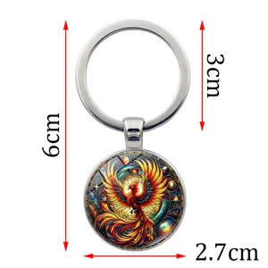 6cm phoenix art glass cabochon metal keychain pendant with colorful bird design