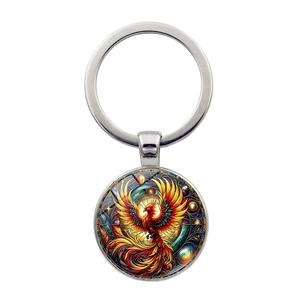 Artistic Phoenix Glass Cabochon Keychain Vintage Zinc Alloy Mythical Bird Pendant Key Ring For Car Bag Hanging Decoration Gift