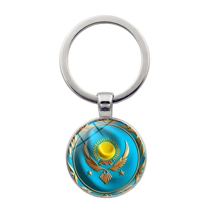 Porte-clés Emblème National du Kazakhstan en Alliage et Cabochon de Verre Pendentif Anneau Métallique pour Souvenir du Kazakhstan