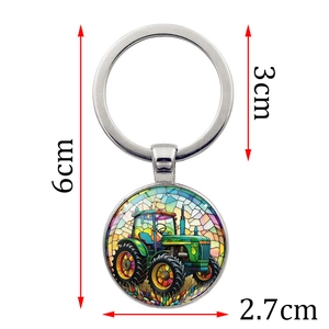 Creative vintage tractor keychain pendant with stained glass effect and silver metal ring