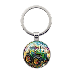 Vintage Green Tractor Glass Cabochon Metal Keychain Creative Car Bag Charm Pendant Zinc Alloy Keyring For Men Women Gift