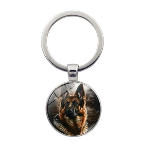 Vintage German Shepherd Dog Metal Keychain Zinc Alloy Glass Time Gemstone Round Pendant Bag Charm For Pet Lovers Gift