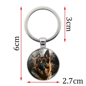 German Shepherd glass gem keychain with silver metal ring and realistic dog portrait